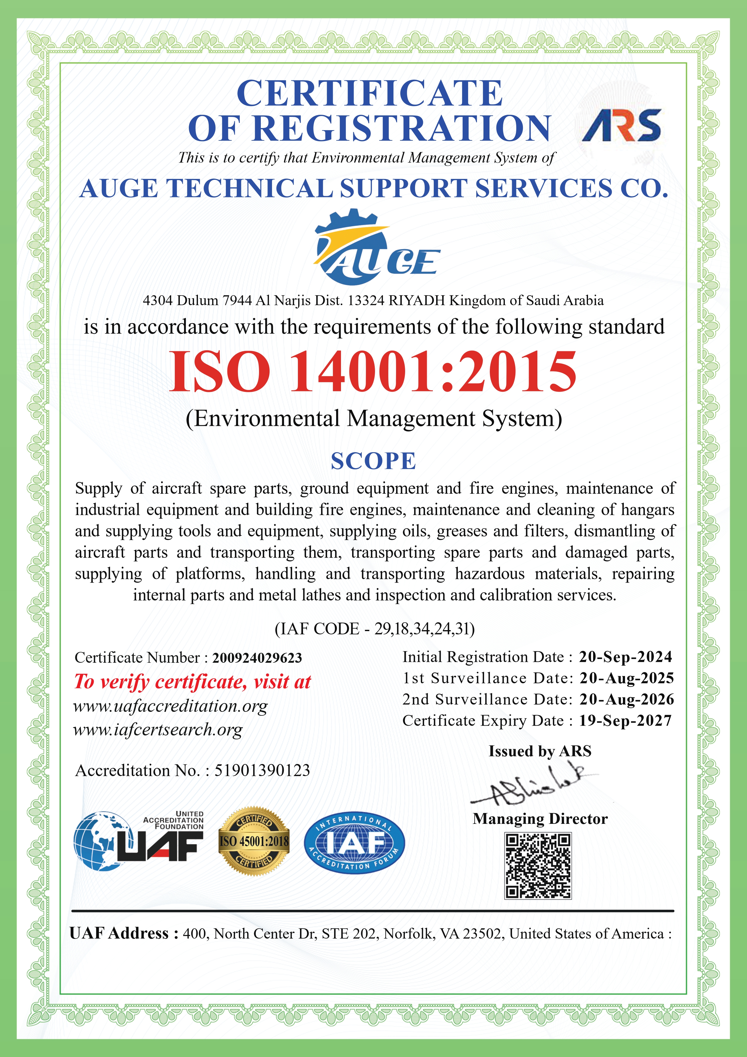ISO 14001:2015 Certificate